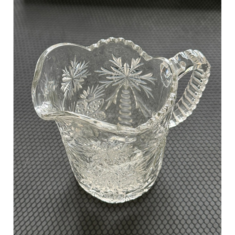 Palm Tree Flower Etched Lead Crystal Water Pitcher 7.25" T Clear Glass